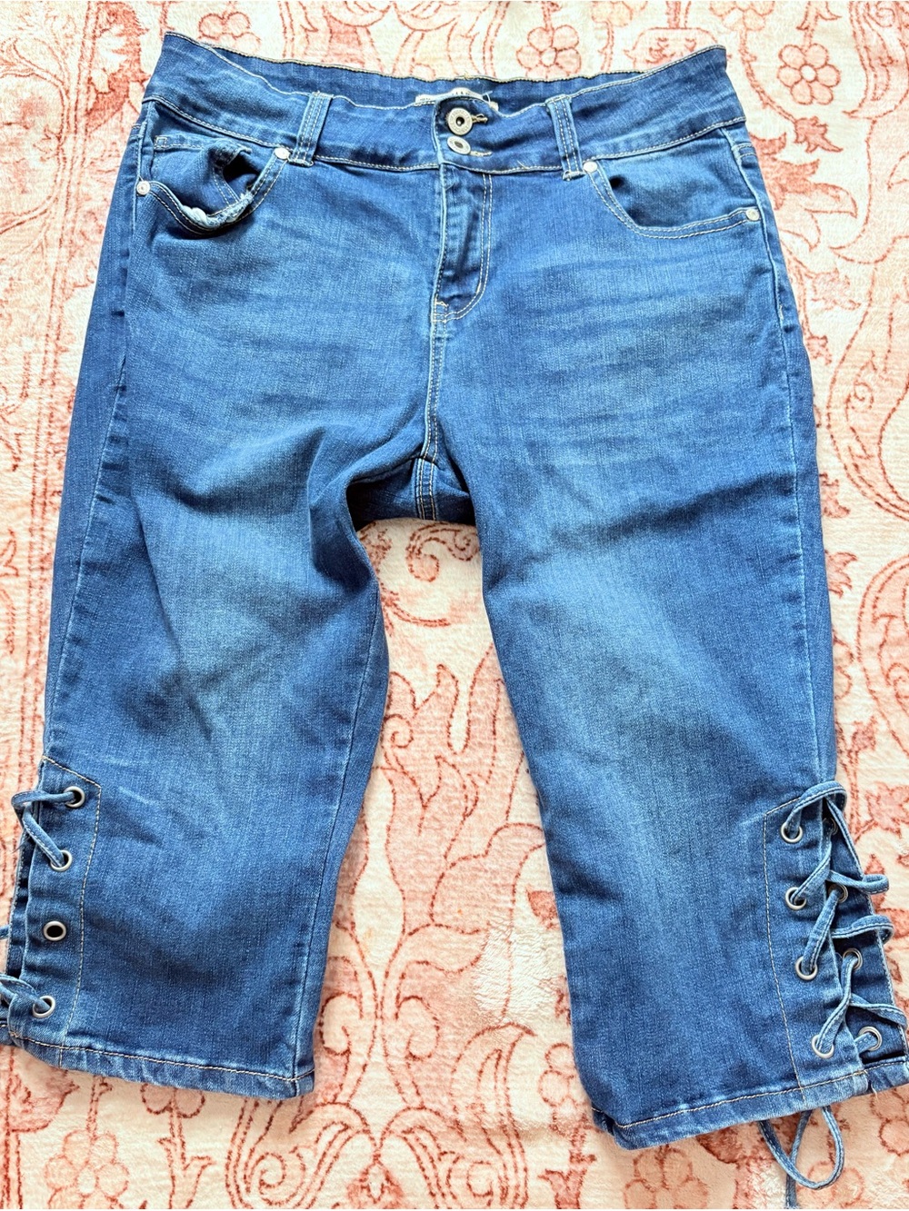 Women's Blue Lace-Up Ankle Crop Jeans